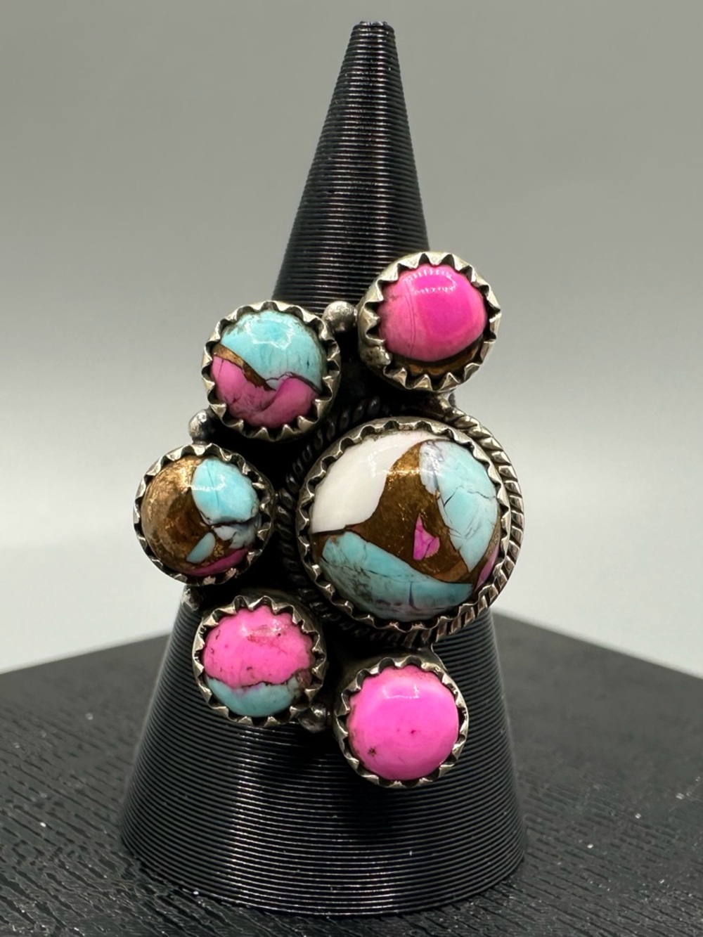 Cotton Candy Dahlia Turquoise Sterling Silver 925 Handmade Half Cluster Ring